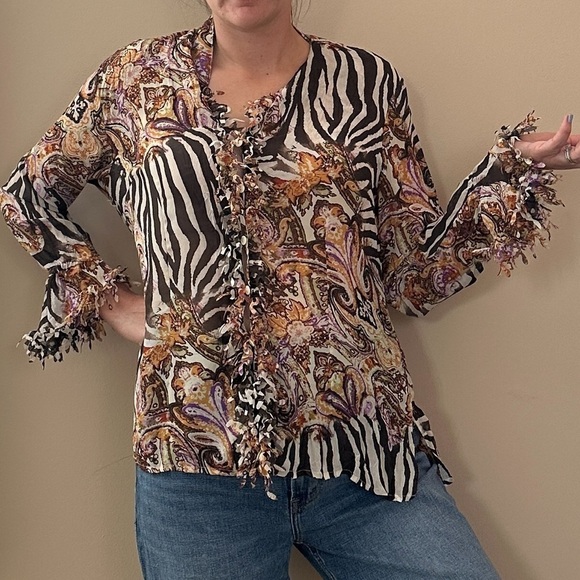 Y2K housewife Le Caviar Blouse Safari zebra fringe y2k size L M - Picture 1 of 9
